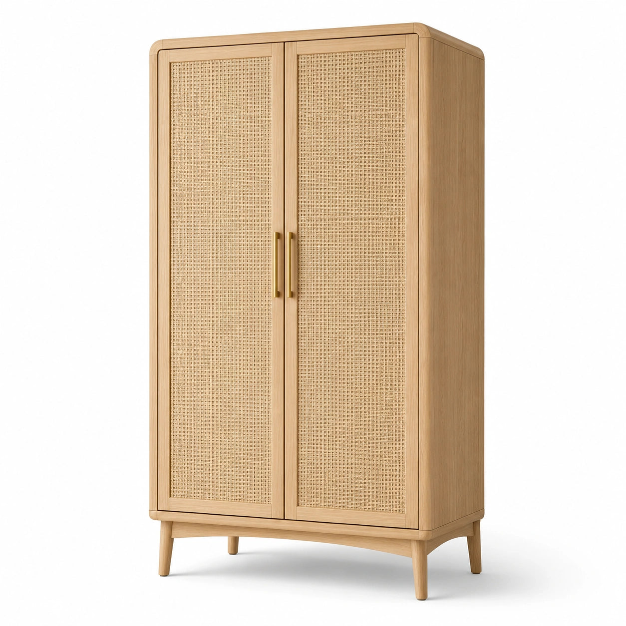 Armadio a 2 ante in legno naturale e rattan, 90 × 45 × 180 cm, con maniglie dorate