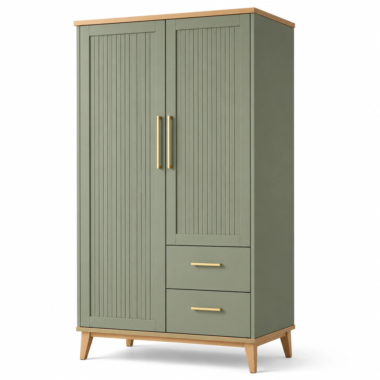Armadio guardaroba in legno composito verde salvia e naturale, 100 × 50 × 180 cm, 2 ante e 2 cassetti