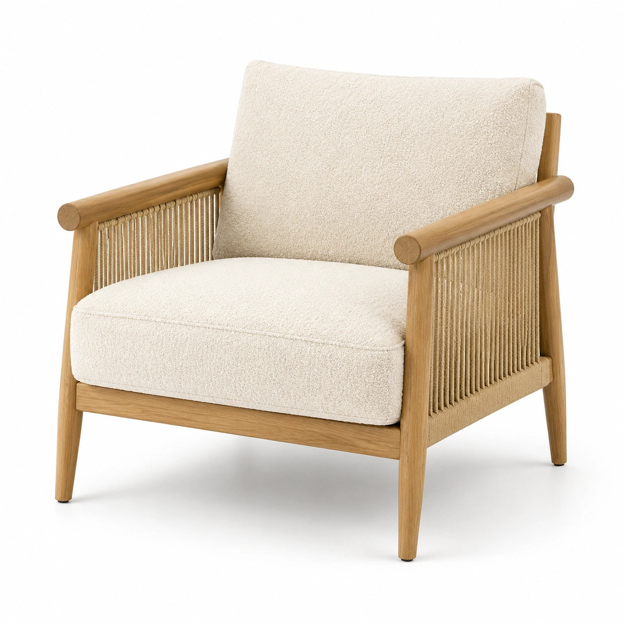 Poltrona in legno naturale con rivestimento bouclé crema, 78 × 82 × 80 cm