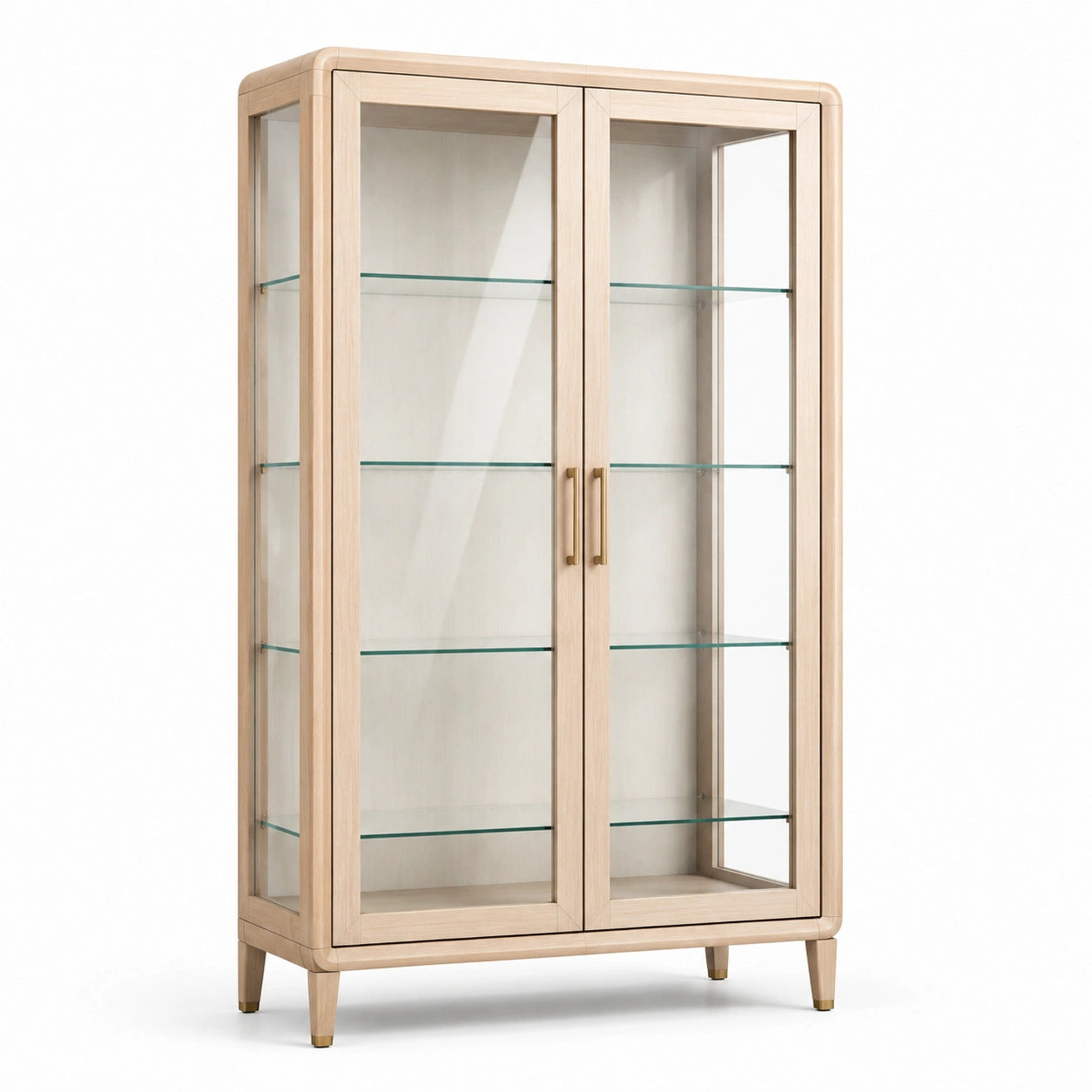Vetrina moderna beige e trasparente con dettagli dorati, 2 ante, 4 ripiani, 100 × 40 × 180 cm
