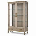 Vetrina espositiva contemporanea tortora, oro e trasparente 100 × 40 × 190 cm con 2 ante, 3 ripiani in vetro e 2 cassetti