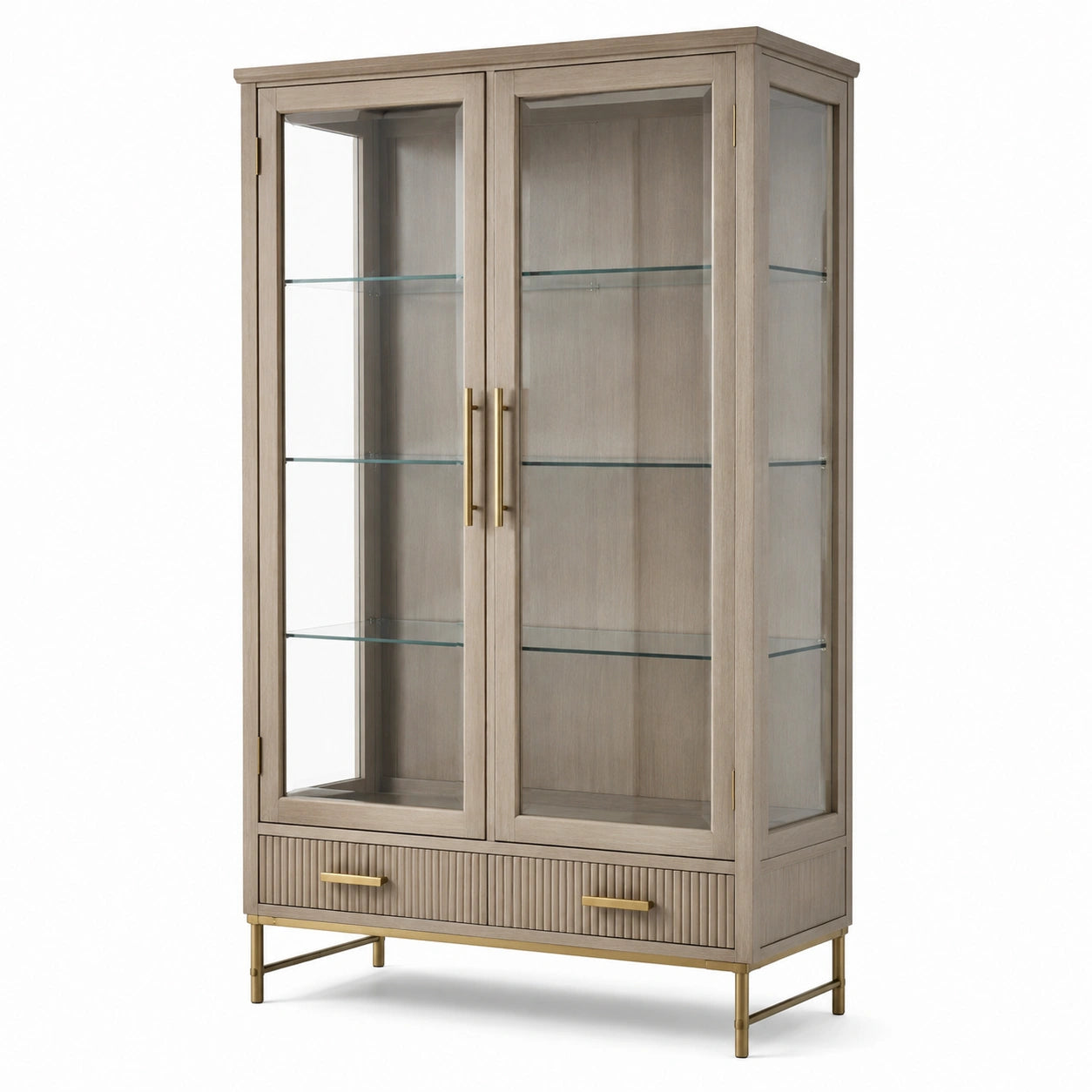 Vetrina espositiva contemporanea tortora, oro e trasparente 100 × 40 × 190 cm con 2 ante, 3 ripiani in vetro e 2 cassetti