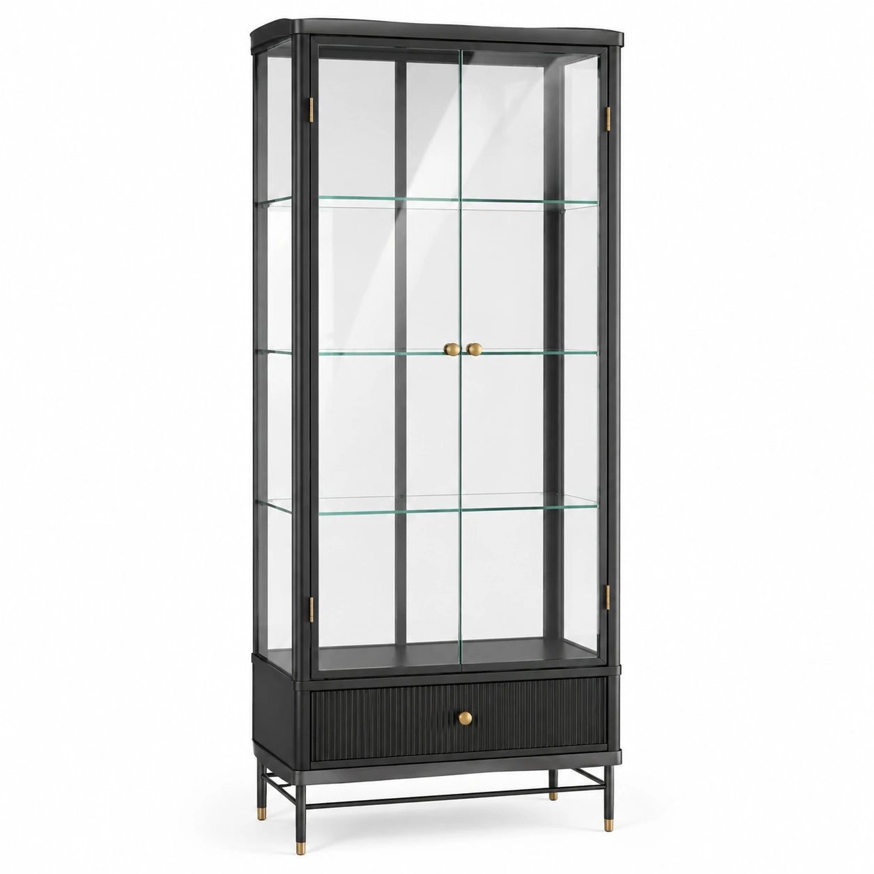 Vetrina espositiva moderna 85 x 40 x 180 cm in metallo nero e vetro trasparente con 2 ante, 3 ripiani e 1 cassetto
