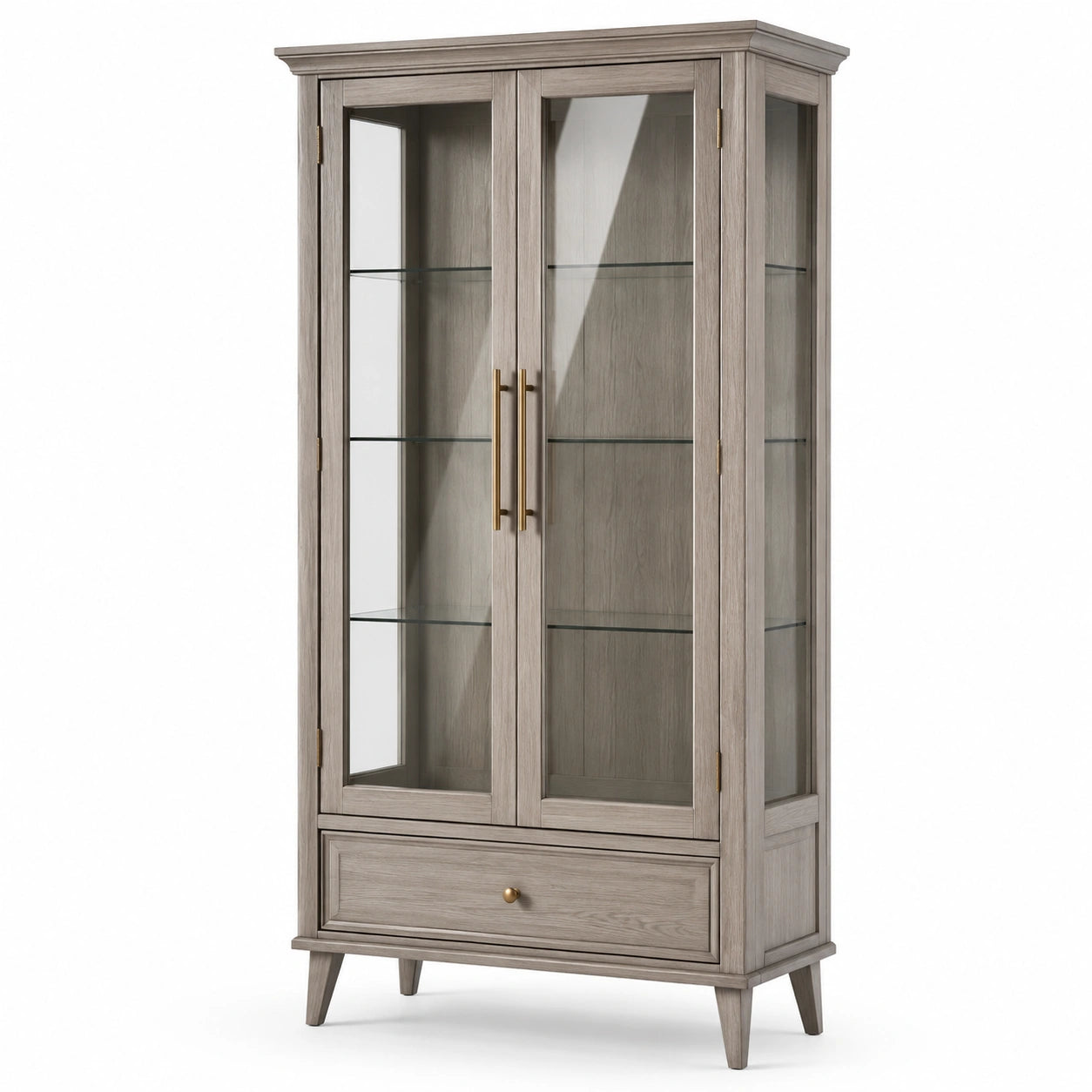 Vetrina con 2 ante vetrate, 3 ripiani e 1 cassetto, 100 x 40 x 190 cm, grigio tortora effetto legno