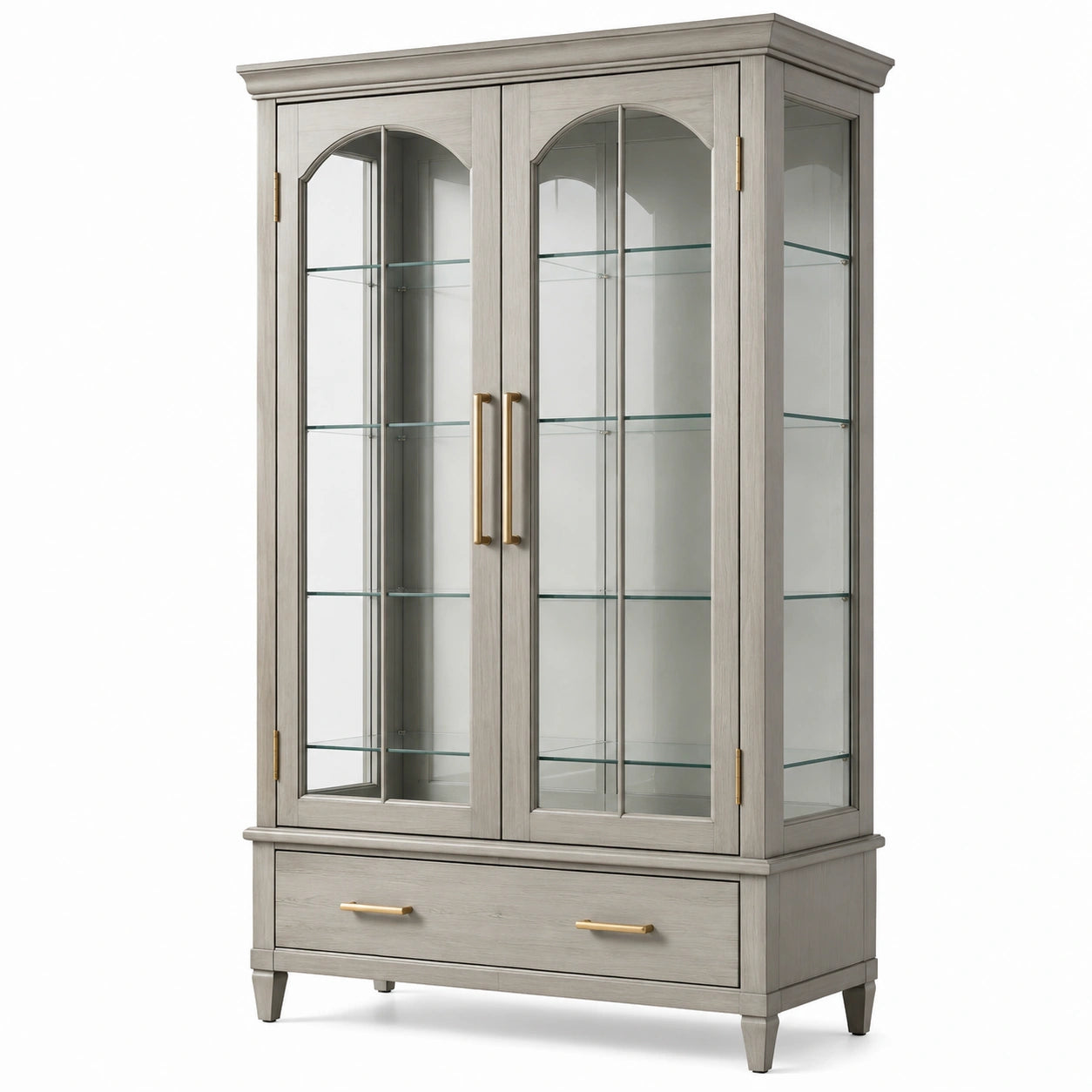 Vetrina espositiva classica in legno grigio e vetro, 110 × 45 × 190 cm, 2 ante, 4 ripiani e 1 cassetto