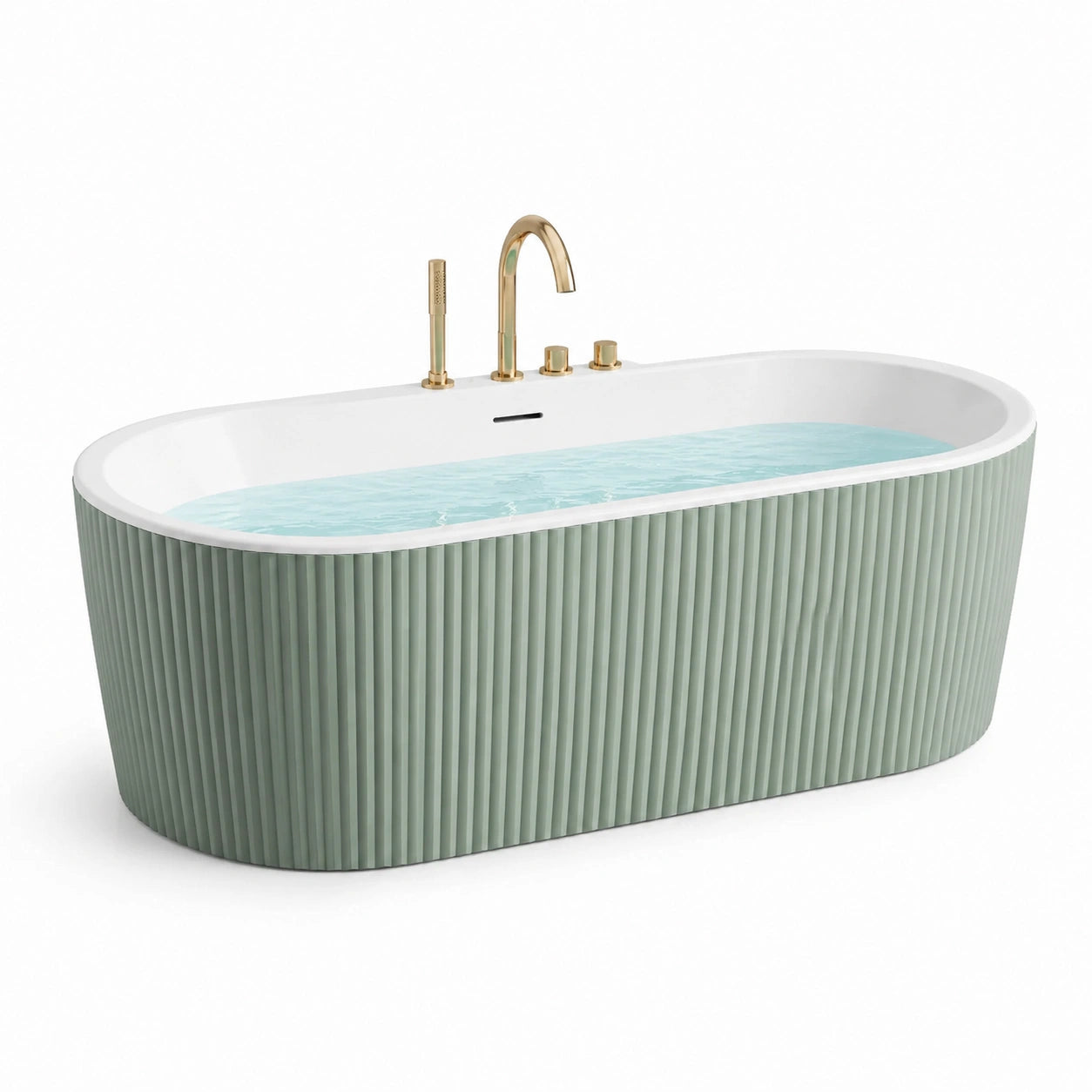 Vasca da bagno ovale a libera installazione 170 × 80 × 60 cm in acrilico bianco e verde salvia con finitura scanalata
