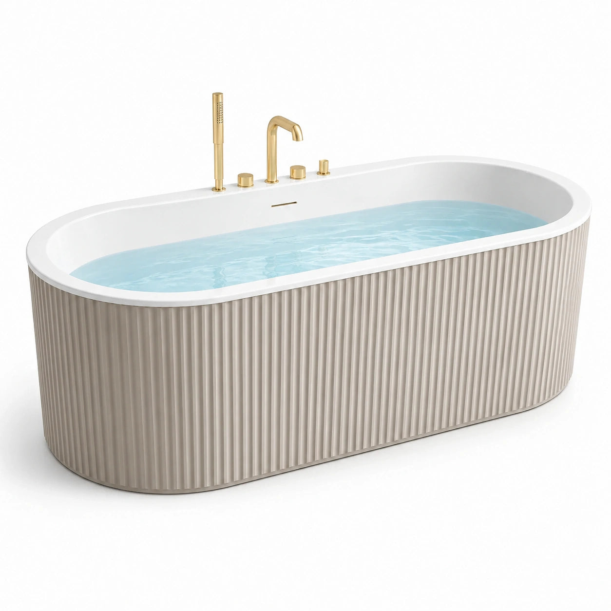 Vasca ovale a libera installazione 170 × 80 × 60 cm in acrilico bianco e tortora, finitura scanalata e rubinetteria dorata