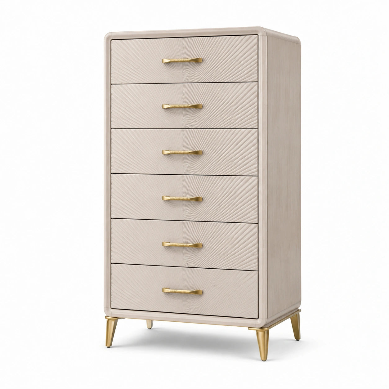 Cassettiera alta a 6 cassetti, 80 × 45 × 140 cm, beige e oro, design contemporaneo