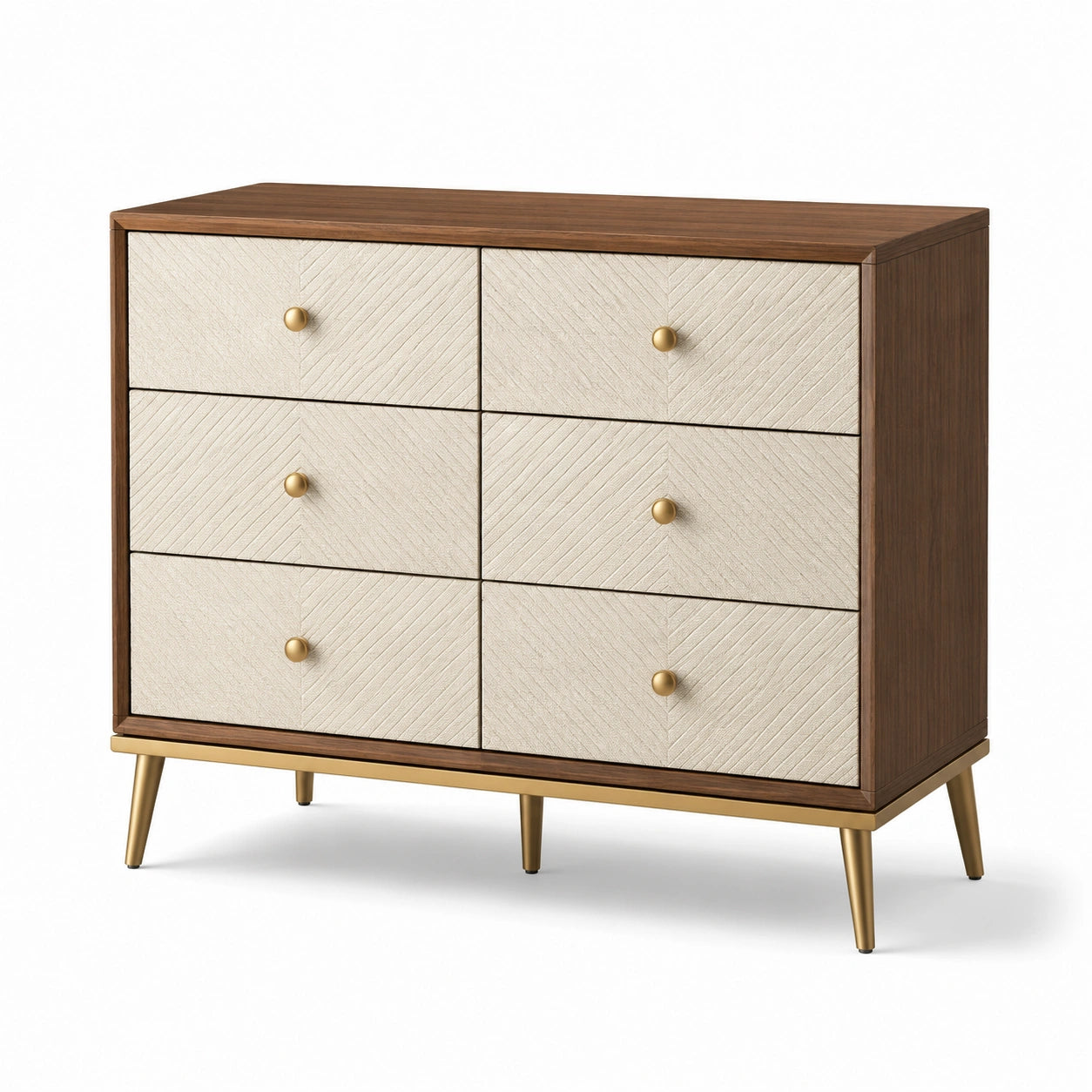 Cassettiera moderna con 6 cassetti, 120 × 40 × 90 cm, marrone, avorio e dorato