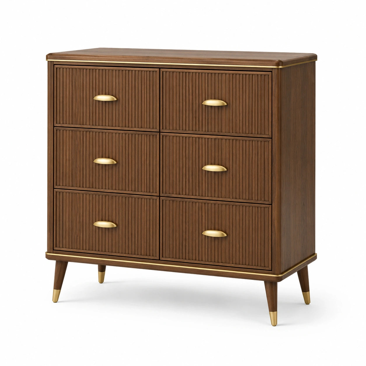 Cassettiera moderna a 6 cassetti, 110 × 40 × 105 cm, marrone noce con dettagli dorati