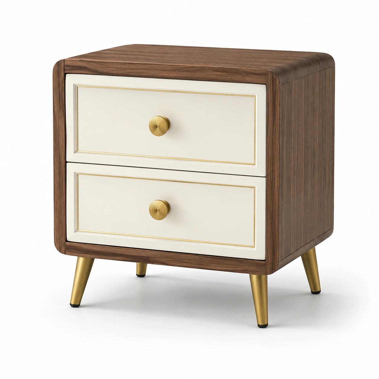 Comodino moderno 50 × 40 × 55 cm effetto legno Marrone e Bianco con 2 cassetti e dettagli Oro