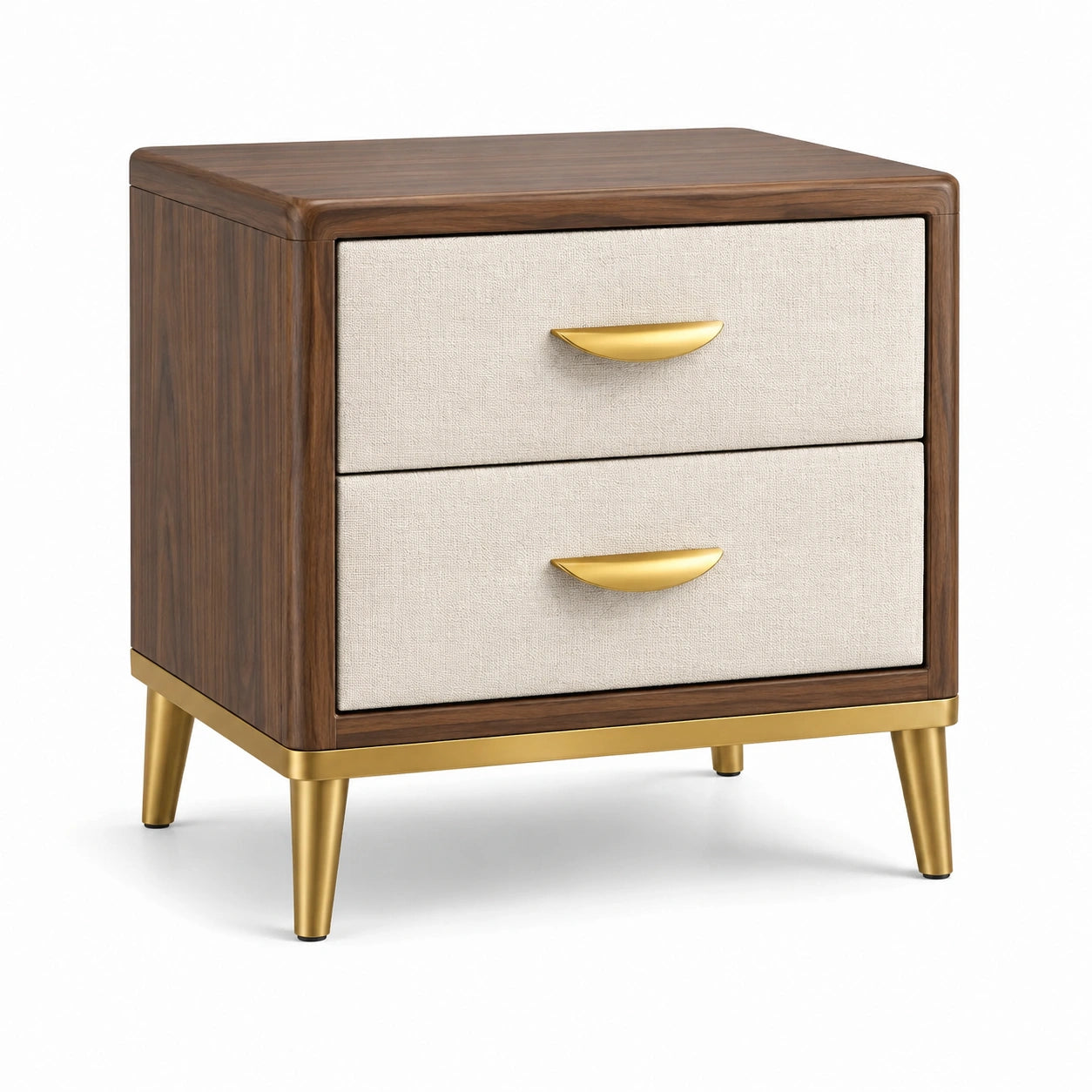 Comodino contemporaneo con 2 cassetti, effetto noce, beige e oro, 60 × 40 × 60 cm