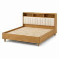Letto matrimoniale in rovere naturale e tessuto crema con testiera imbottita e vani portaoggetti, per materasso 160 × 200 cm, dimensioni 220 × 170 × 120 cm