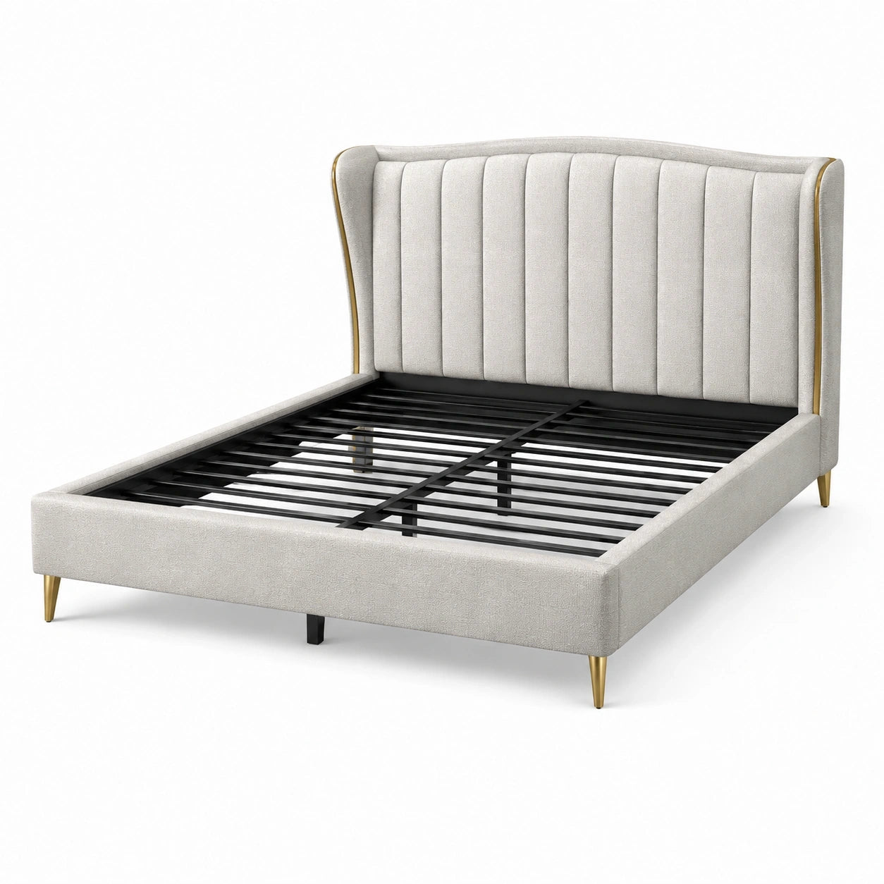 Letto matrimoniale 160 × 200 cm beige con testiera imbottita e dettagli dorati