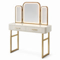 Toeletta moderna bianca, oro e marrone 120 x 45 x 140 cm con specchio LED triplo pieghevole e 2 cassetti