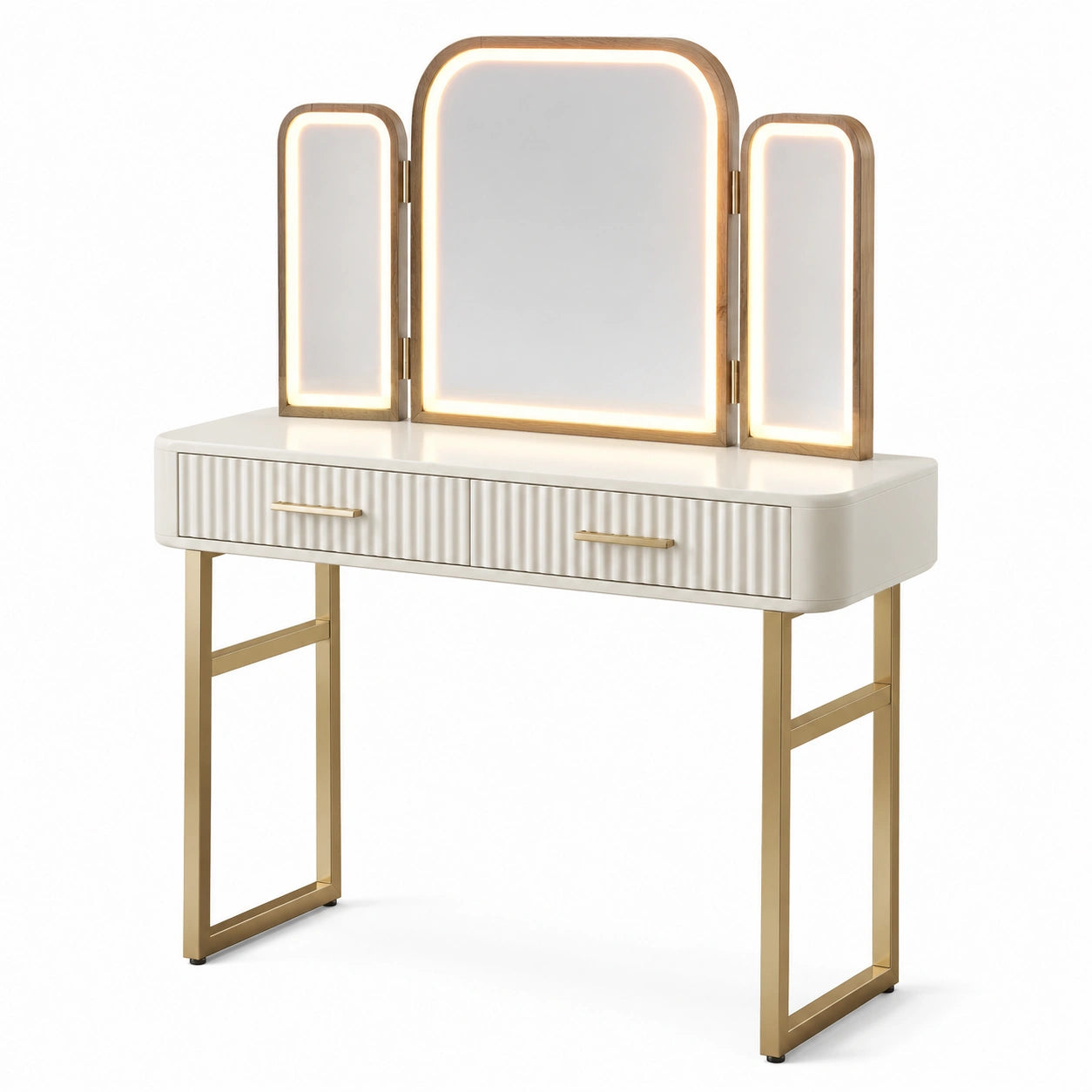 Toeletta moderna bianca, oro e marrone 120 x 45 x 140 cm con specchio LED triplo pieghevole e 2 cassetti