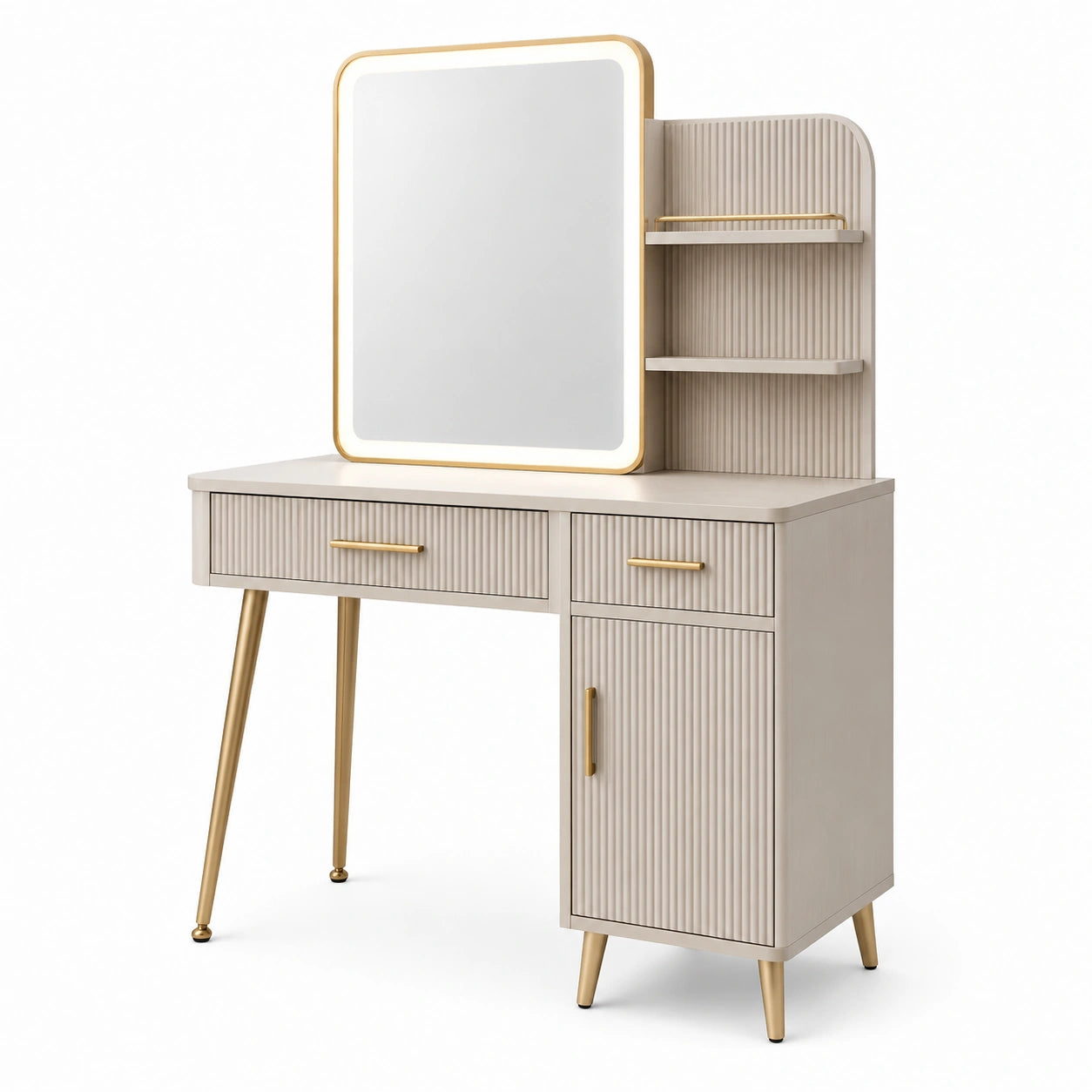 Toeletta con specchio illuminato, 2 cassetti, vano con anta e 2 ripiani, 100 × 40 × 140 cm, beige e oro