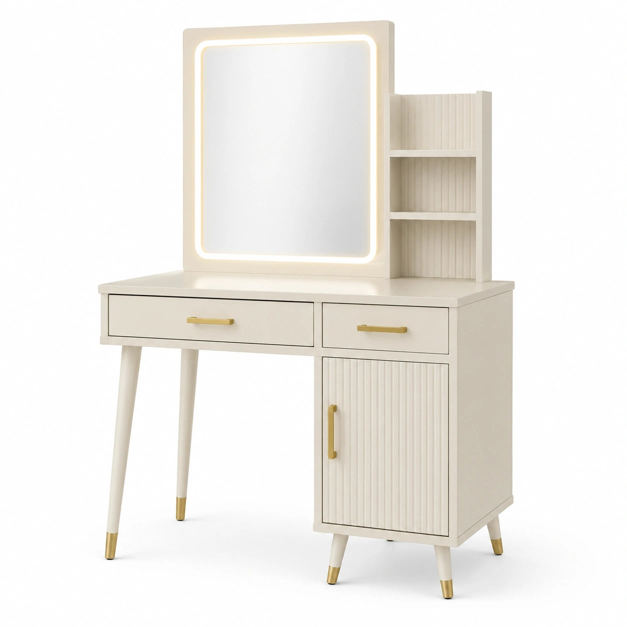 Toeletta moderna avorio e oro 100 × 40 × 140 cm con specchio illuminato, 2 cassetti, anta e 3 ripiani