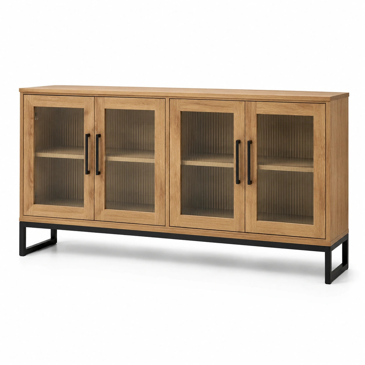 Credenza con 4 ante in vetro scanalato, effetto rovere naturale e nero, 180 × 40 × 80 cm