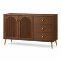 Credenza marrone noce e dorata con 2 ante scanalate e 3 cassetti, 140 × 40 × 80 cm