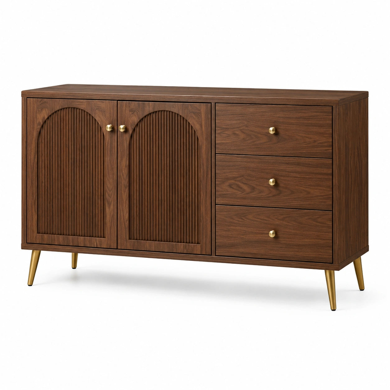 Credenza marrone noce e dorata con 2 ante scanalate e 3 cassetti, 140 × 40 × 80 cm
