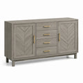 Credenza grigia effetto legno con dettagli dorati, 2 ante e 4 cassetti, 147 × 40 × 85 cm