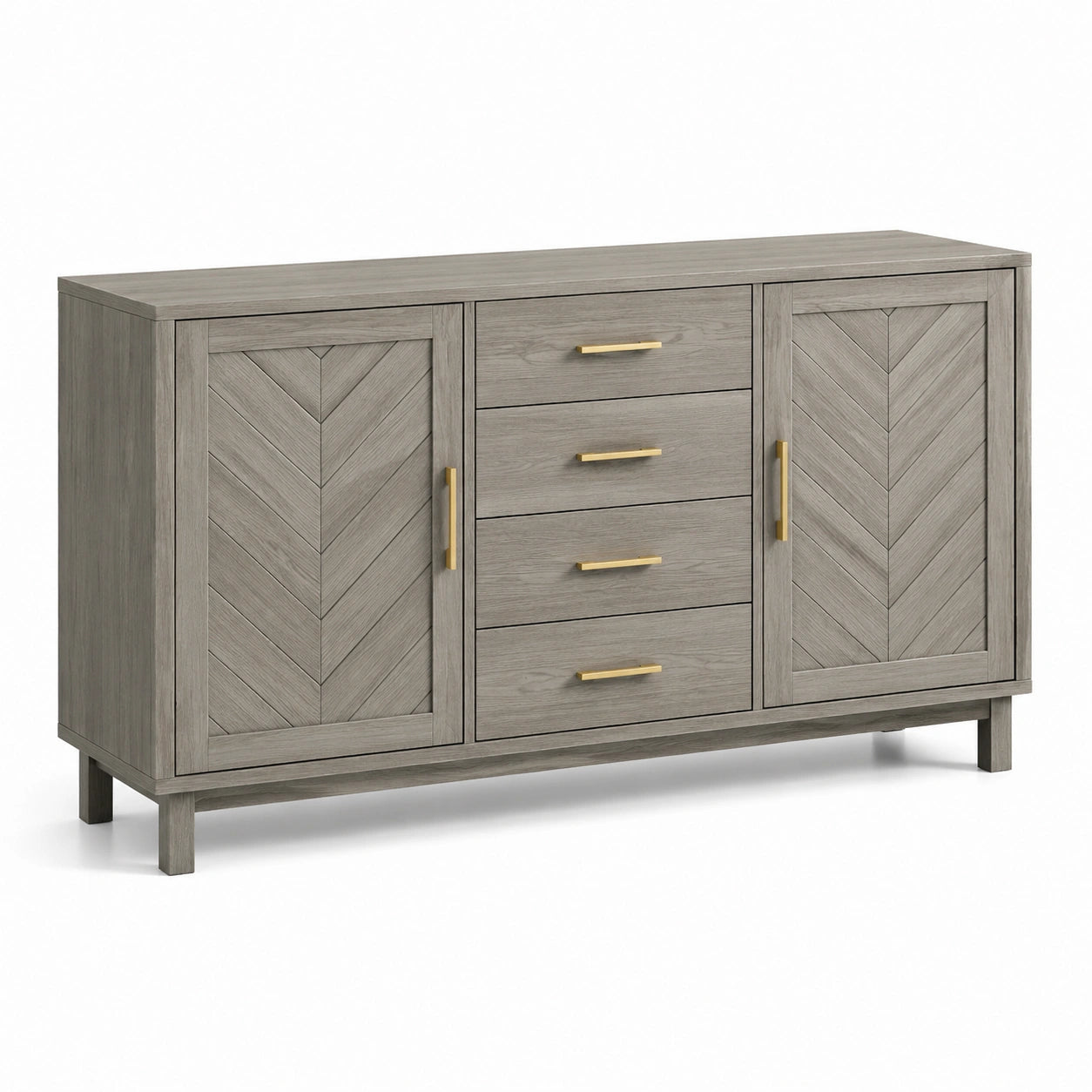 Credenza grigia effetto legno con dettagli dorati, 2 ante e 4 cassetti, 147 × 40 × 85 cm