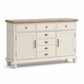 Credenza in legno bianco e naturale con dettagli in ottone anticato, 150 × 45 × 100 cm, 7 cassetti e 2 ante