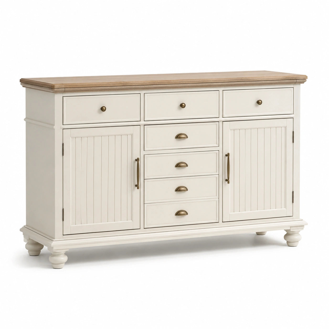 Credenza in legno bianco e naturale con dettagli in ottone anticato, 150 × 45 × 100 cm, 7 cassetti e 2 ante