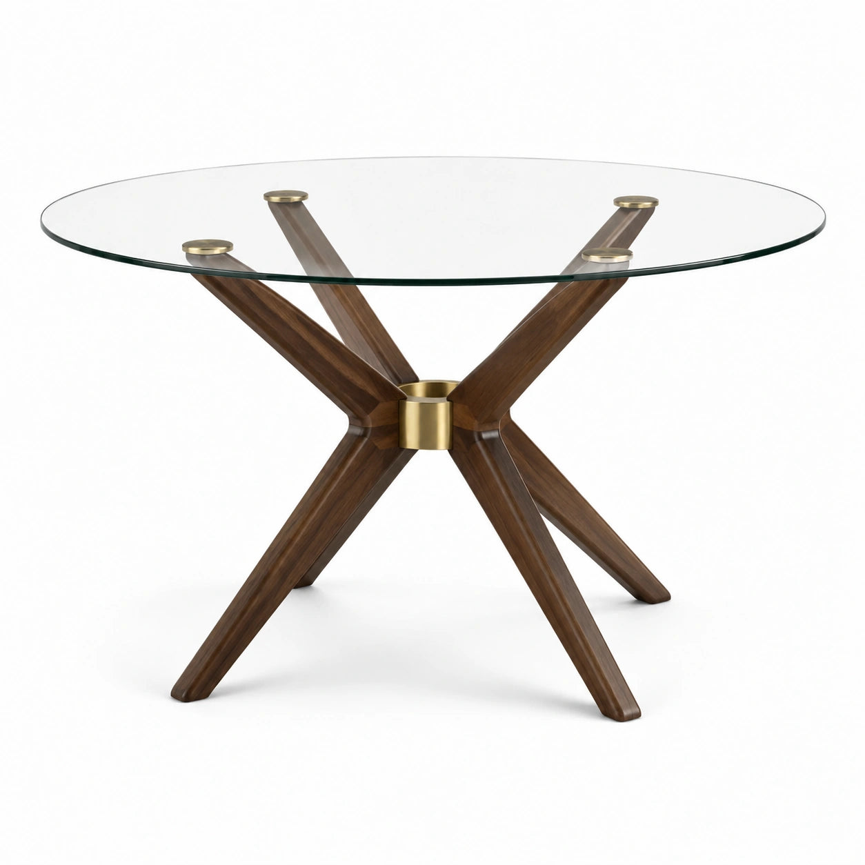 Tavolo rotondo moderno Ø 120 × 75 cm con piano in vetro trasparente, base marrone e dettagli dorati