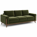 Divano moderno a 3 posti in velluto verde oliva con struttura in legno marrone, 220 × 90 × 85 cm