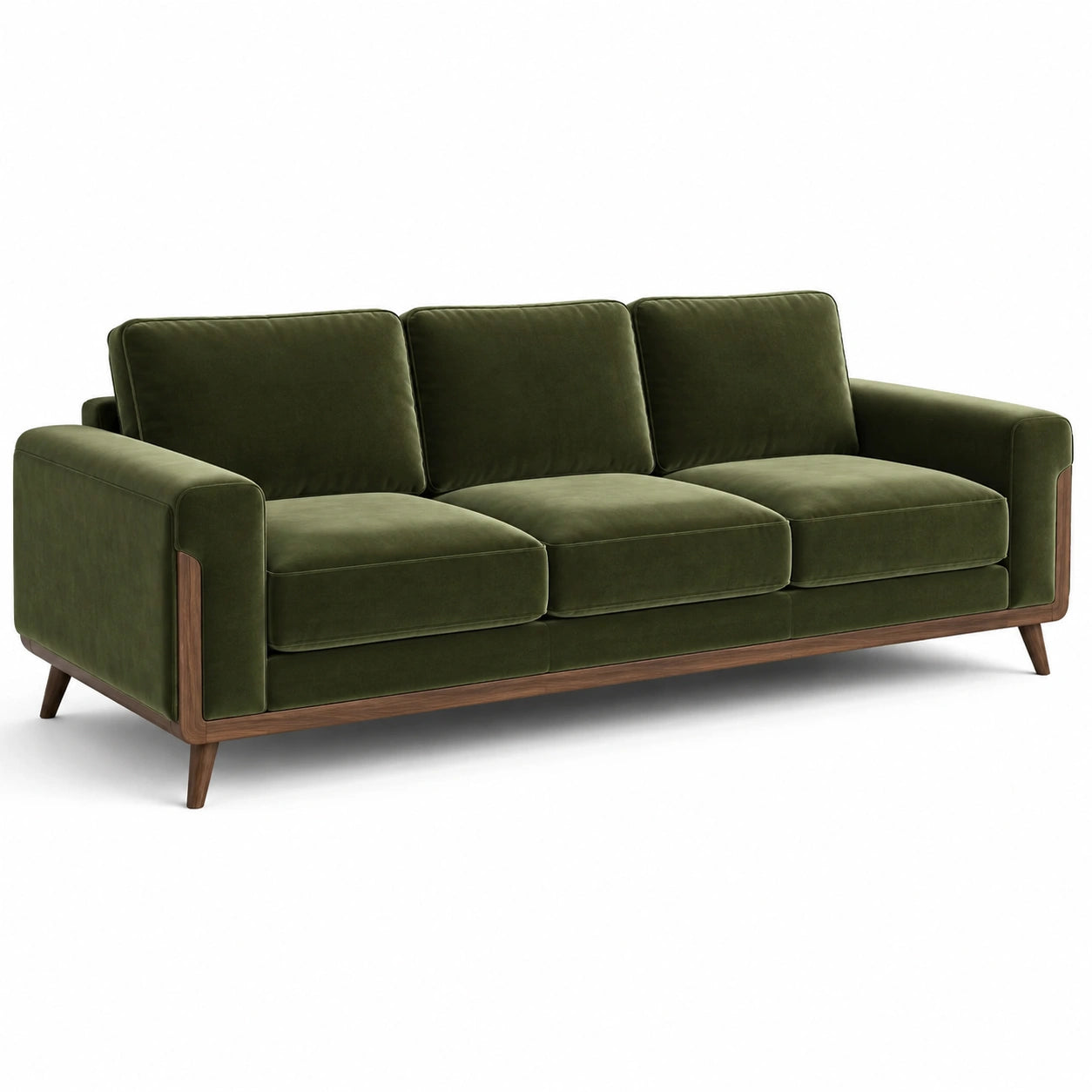 Divano moderno a 3 posti in velluto verde oliva con struttura in legno marrone, 220 × 90 × 85 cm
