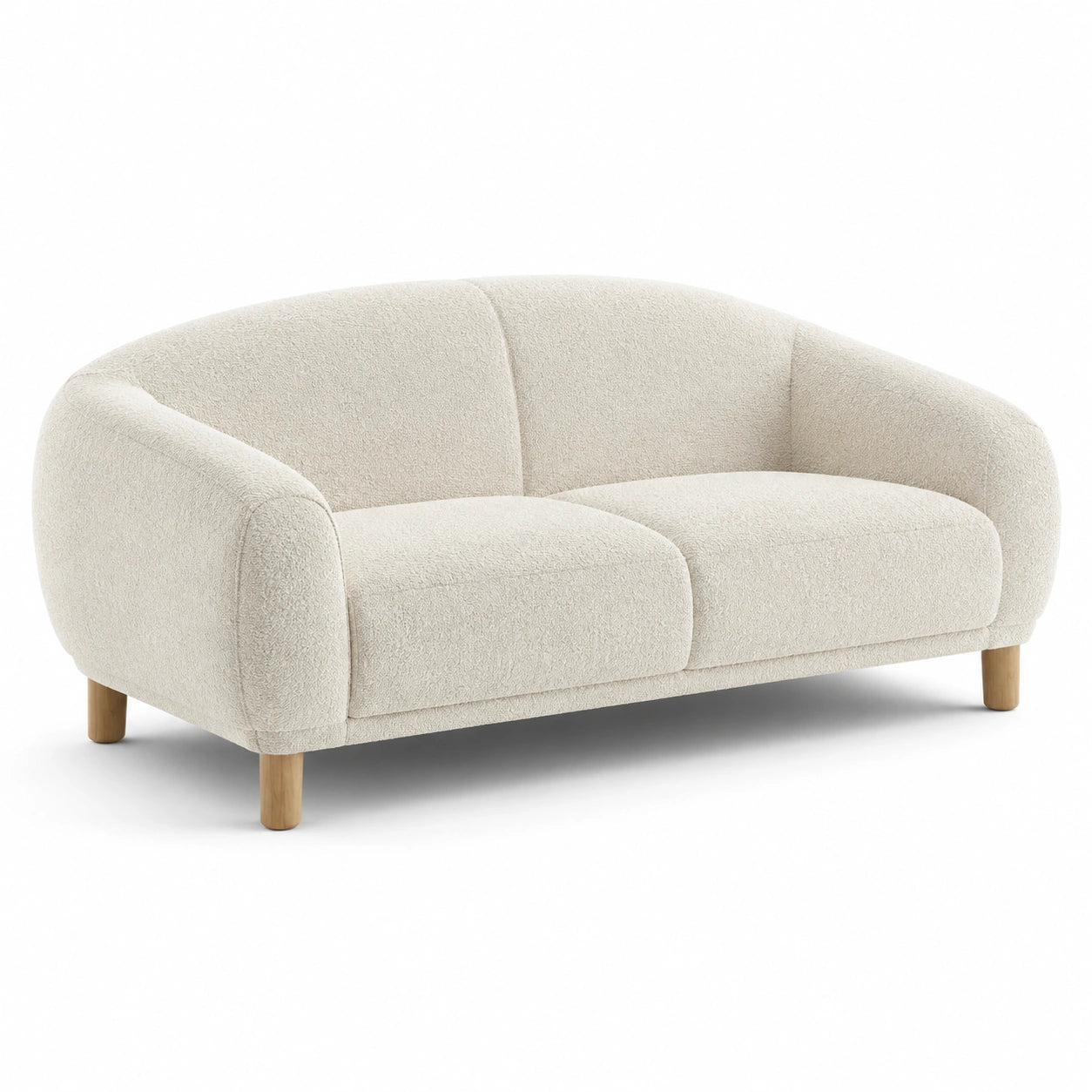 Divano moderno a 2 posti in tessuto bouclé bianco crema con piedini in legno naturale, 180 × 85 × 76 cm